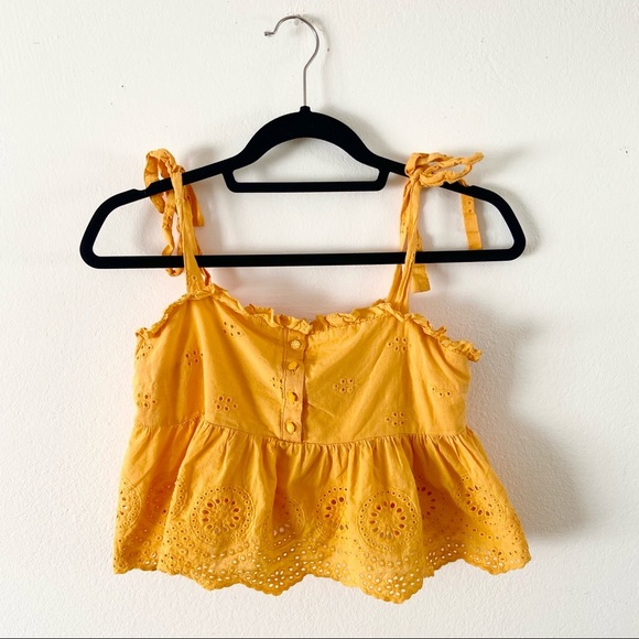 Urban Outfitters Tops - Urban Outfitters gold yellow crop top ruffle tie straps embroidered small blouse